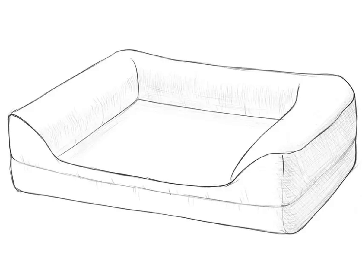 Finished dog bed drawing with padded sides, a cushioned base, and realistic fabric folds