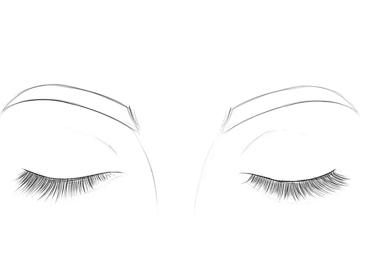 Completed closed eyes drawing from the front with realistic eyelashes and dimensional shadows