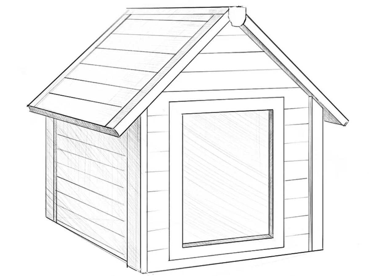 Finished dog house drawing with realistic wooden panels and a pitched roof and dimensional shadows