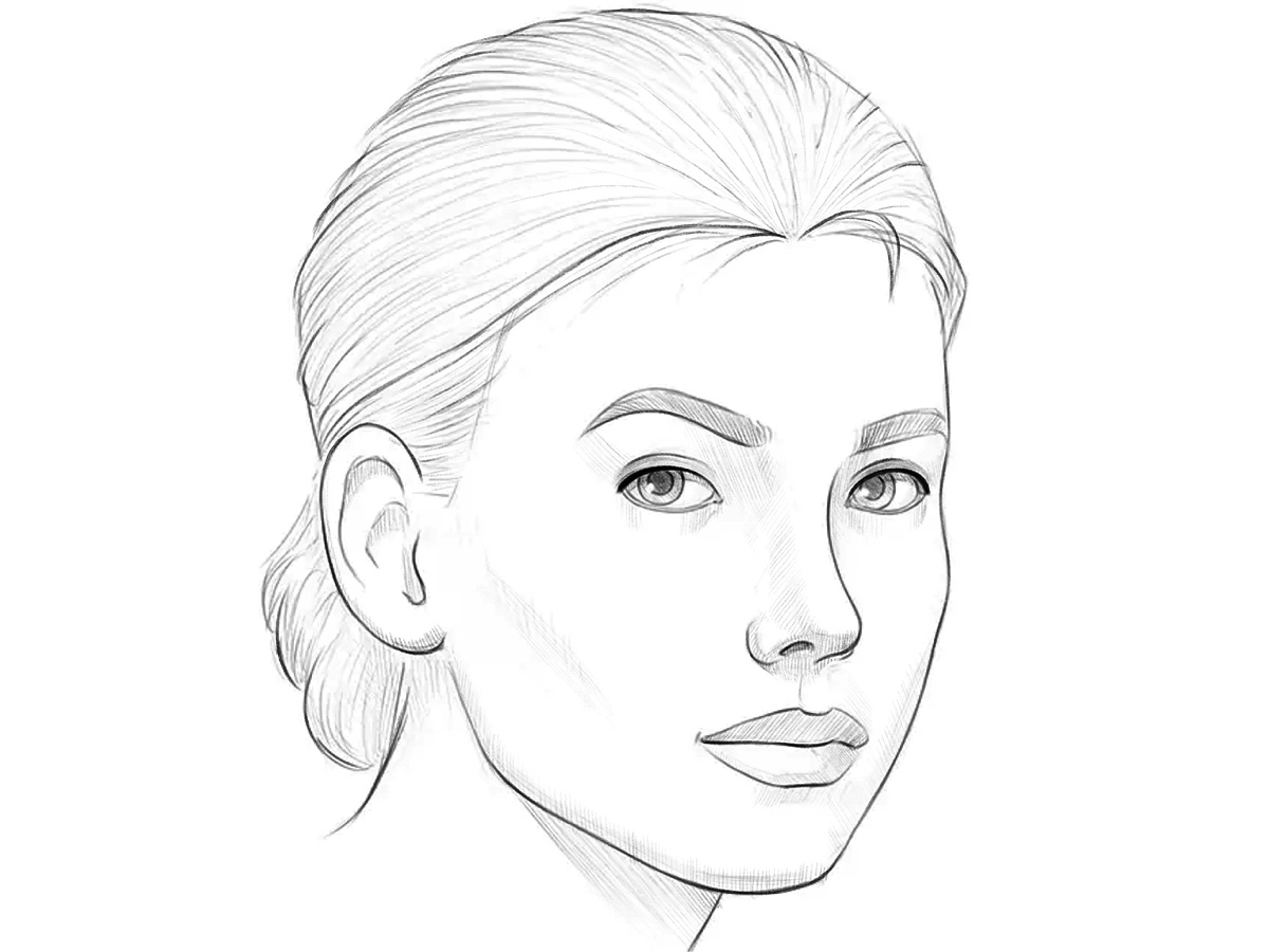 Finished female portrait drawing with realistic facial features, tied-back hair, and dimensional shadows