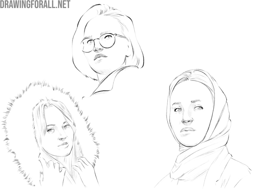 Girl face drawings with different accessories and details