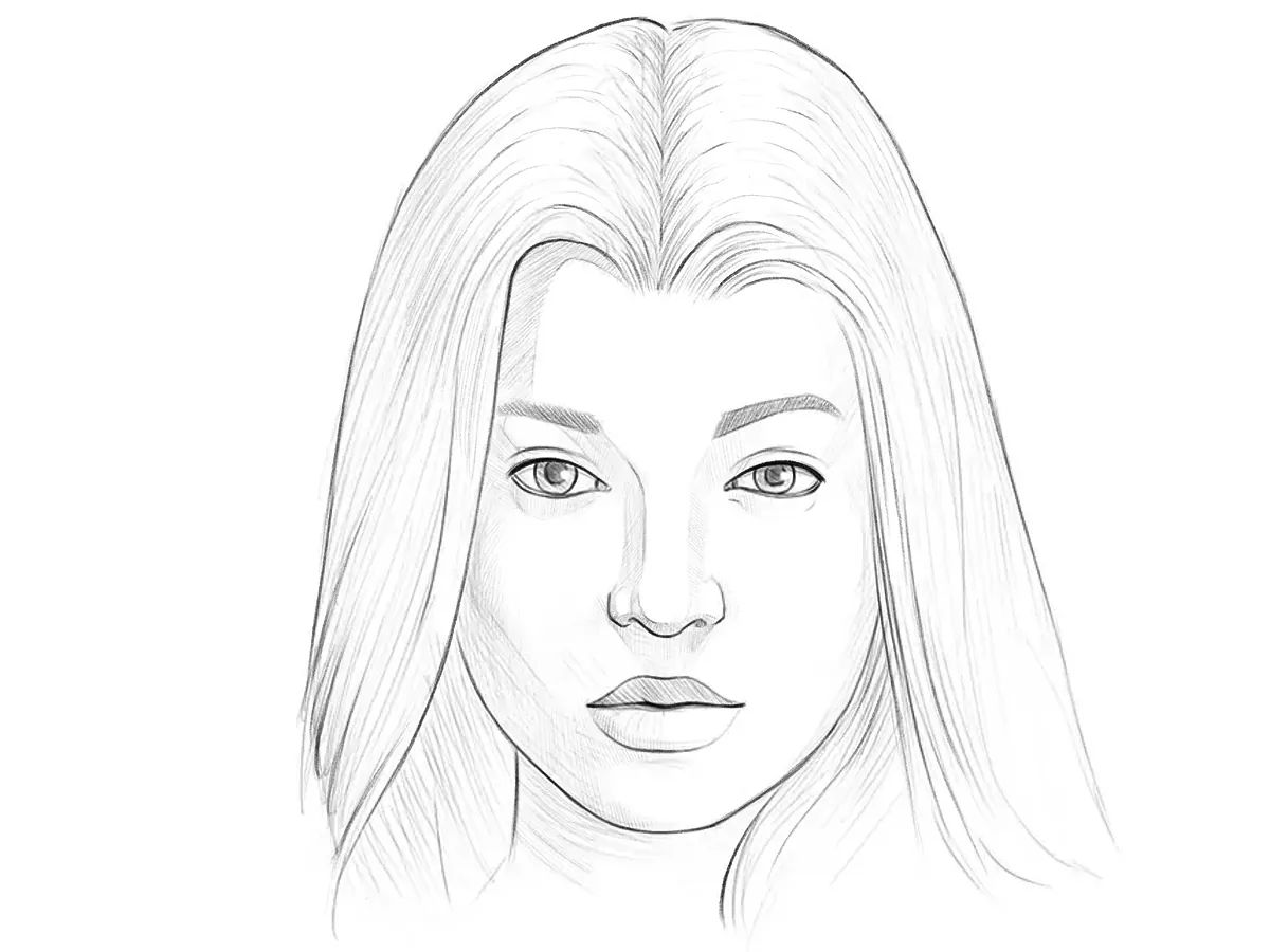 Finished girl’s face drawing with realistic facial features, long hair, and soft hatching