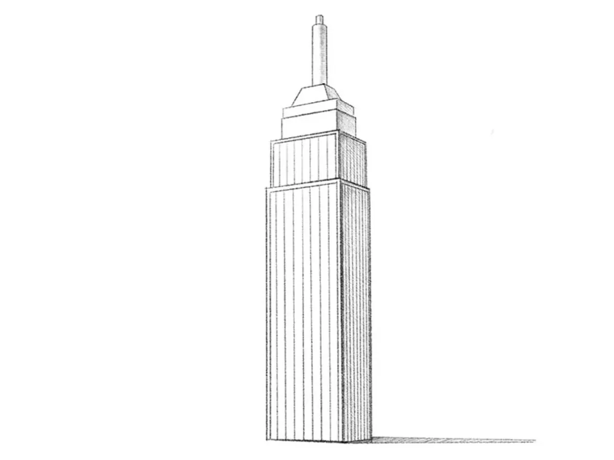 Completed skyscraper drawing with clean geometric forms and realistic shading