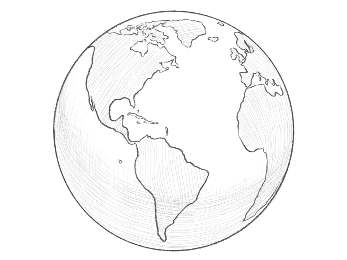 Completed drawing of planet Earth with continents, oceans, and volumetric shadows shown.