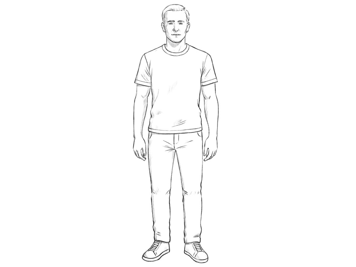 Realistic person drawing with dimensional shadows and details.