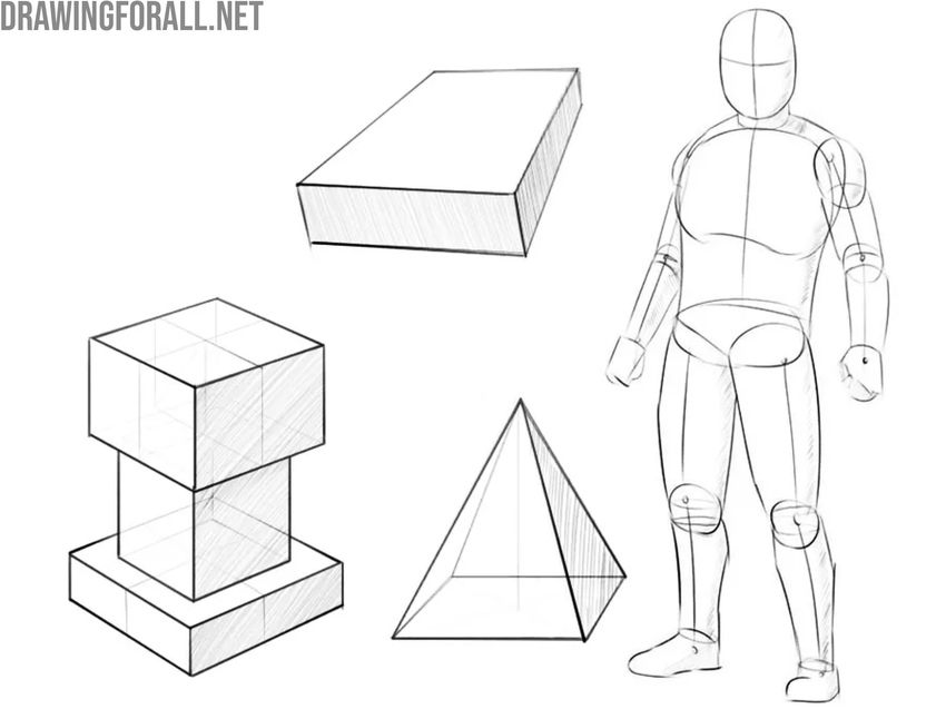 Basic solids and mannequin: cube, block, pyramid, and simplified figure