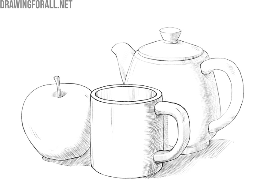 simplified still life forms apple mug teapot studying structure and artistic vision