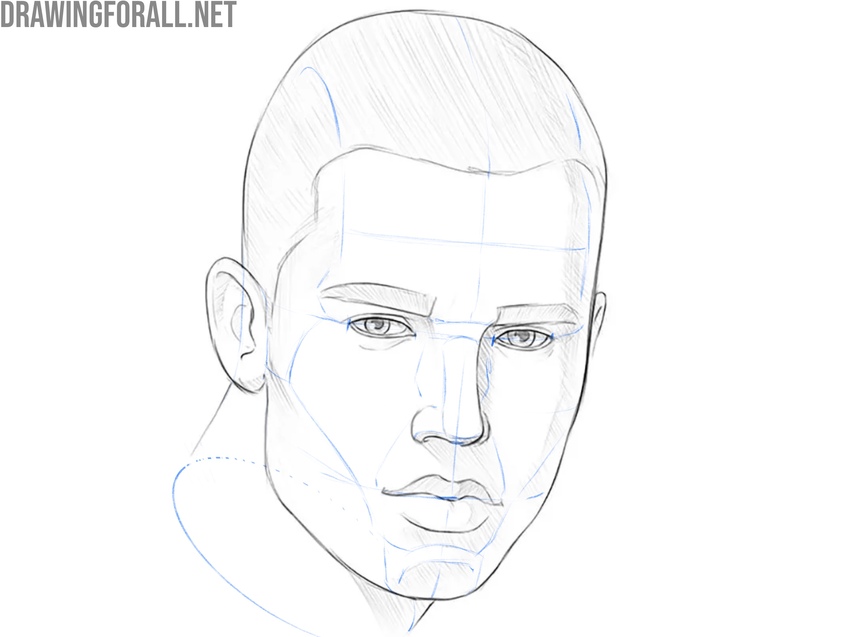 Academic drawing of a human head showing the structure and surfaces