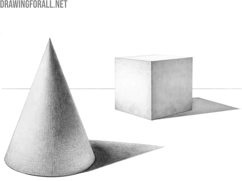 cone and cube demonstrating light and shadow