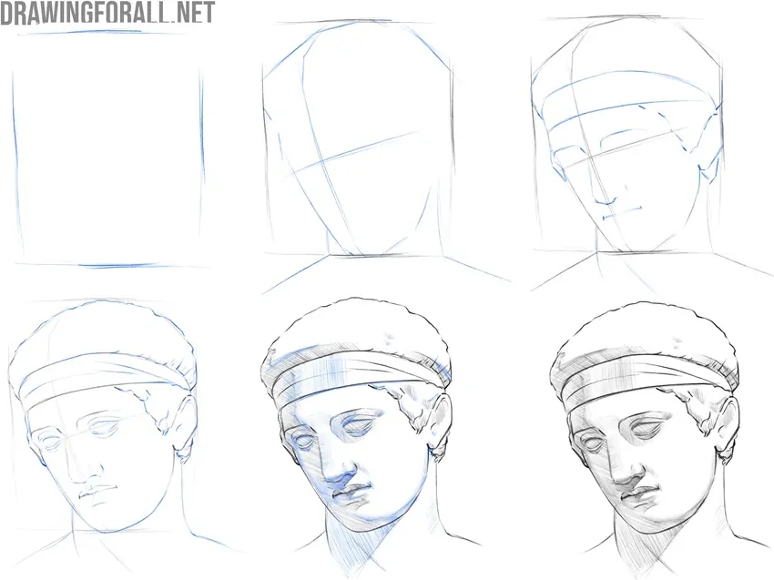 Example of the drawing process showing an antique head