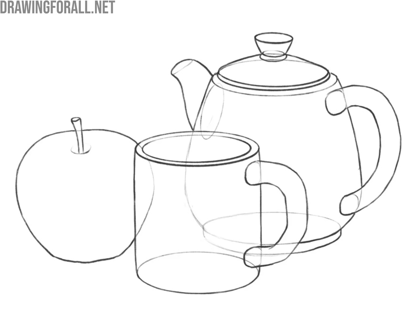 Still life drawing with visible construction and volume