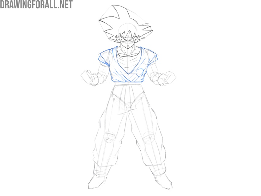 Draw the torso of Goku in detail