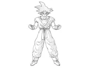 Realistic Goku drawing with spiky hair, detailed clothing, and anime-style shading.