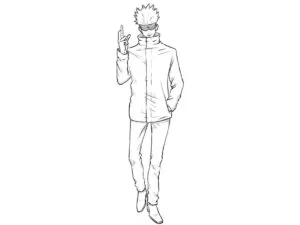 Completed Satoru Gojo drawing with spiky hair, a dark blindfold, and a black high-collar uniform.