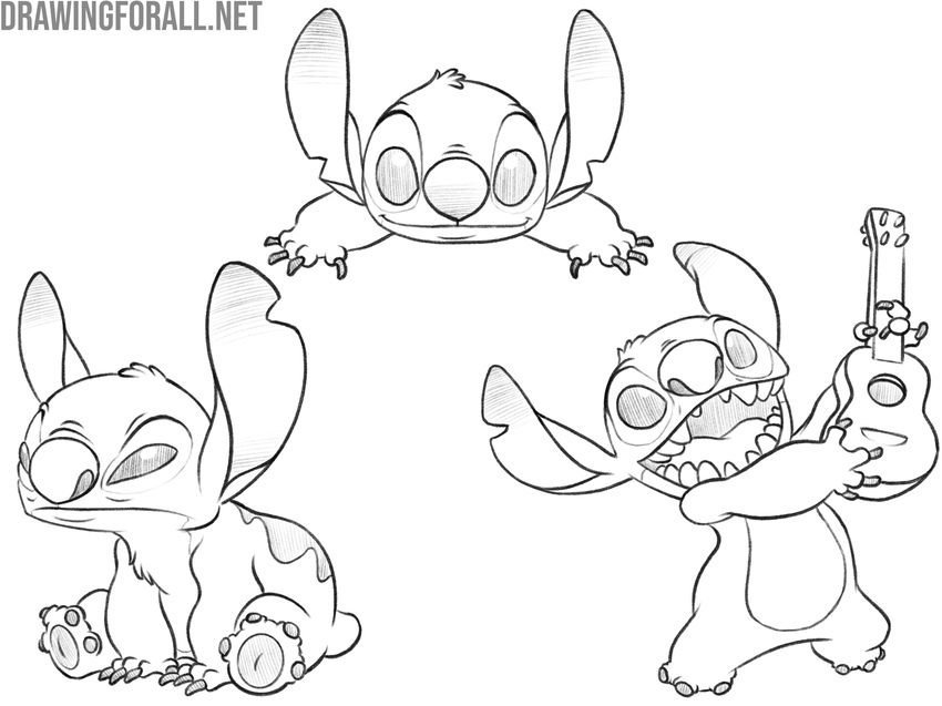 Variations of drawing the body of Stitch