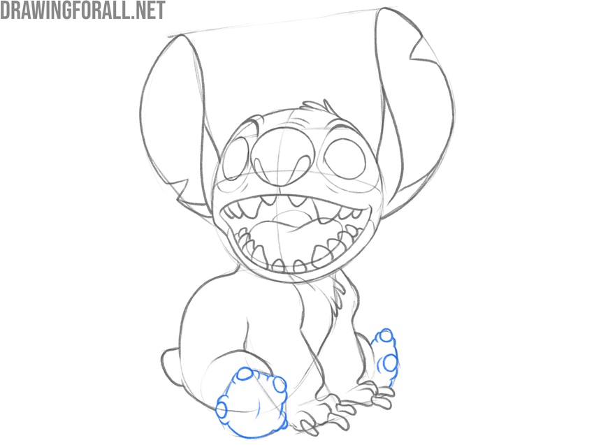 Draw the feet and toes of Stitch