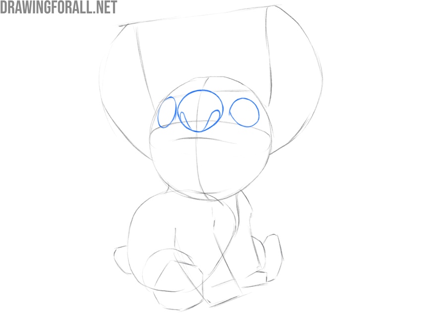 Draw the nose and eyes of Stitch