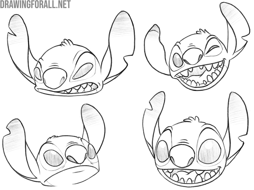 Drawing examples of the head and facial expressions of Stitch