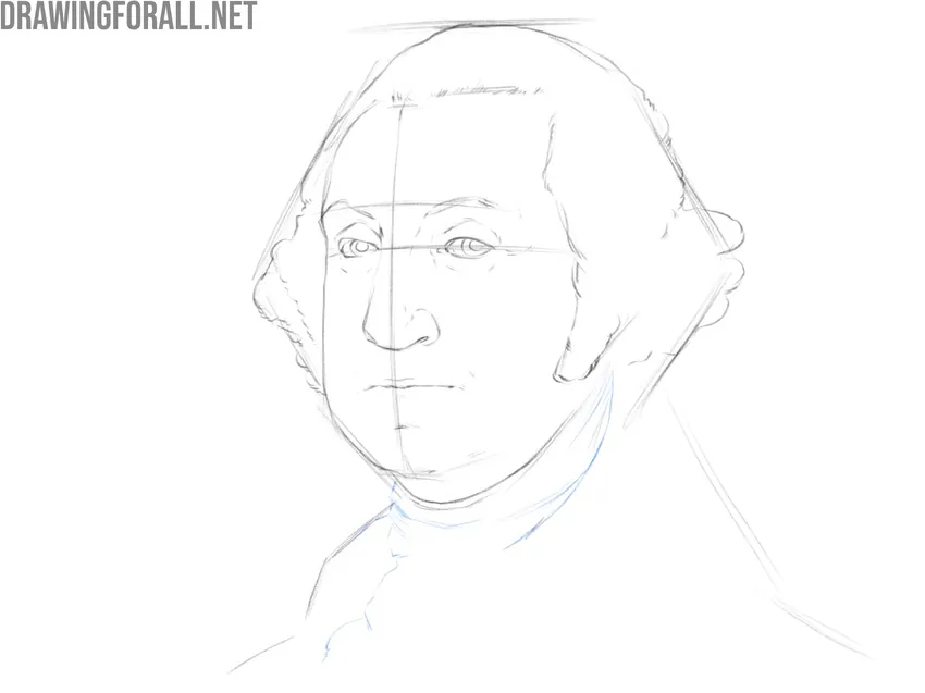 Adding the folds and outline of the colonial neckwear.