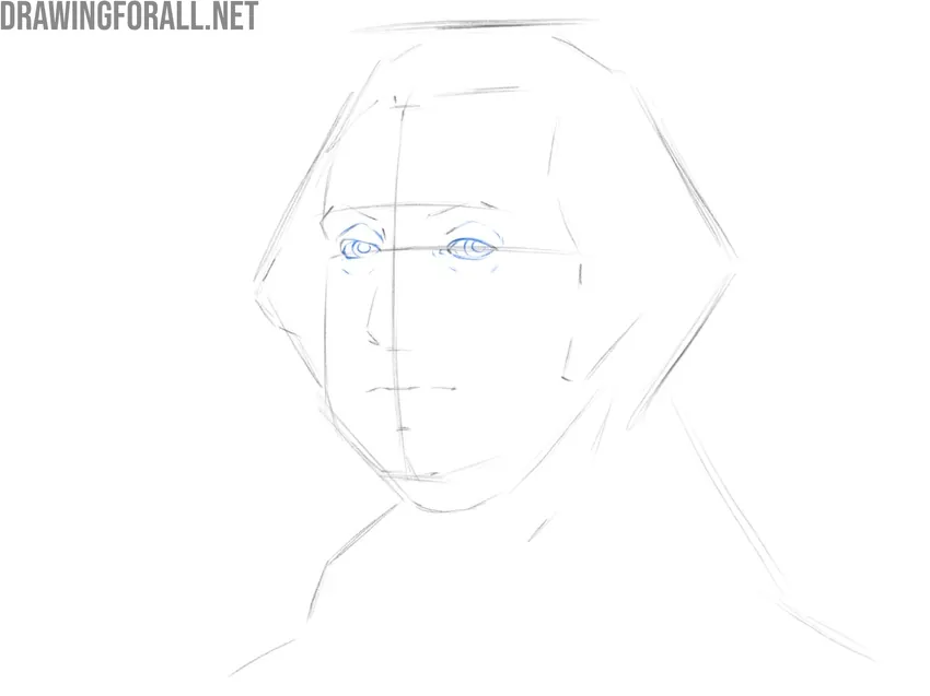 Drawing the eyelids, irises, pupils, and surrounding wrinkles of George Washington.