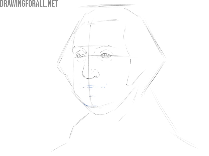 Drawing the mouth and lips of George Washington in detail.