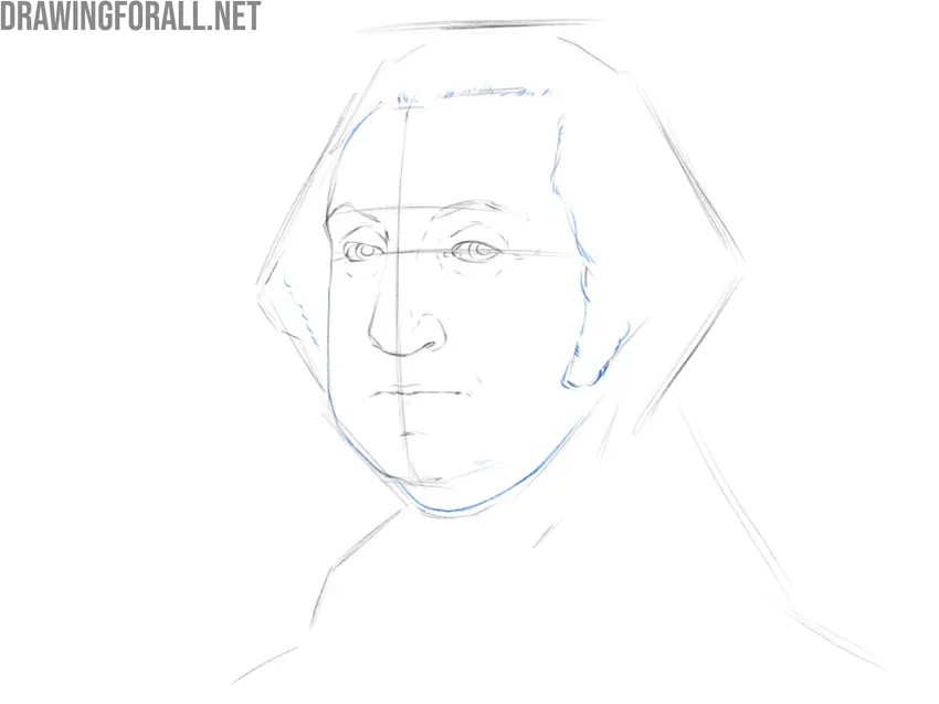 Sketching the characteristic historical hairstyle using flowing lines.