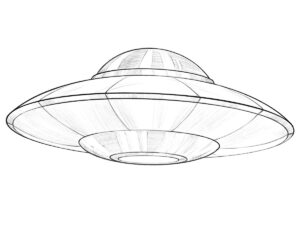 Finished UFO drawing with a disc-shaped hull, glass cockpit, realistic highlights, and shadows.