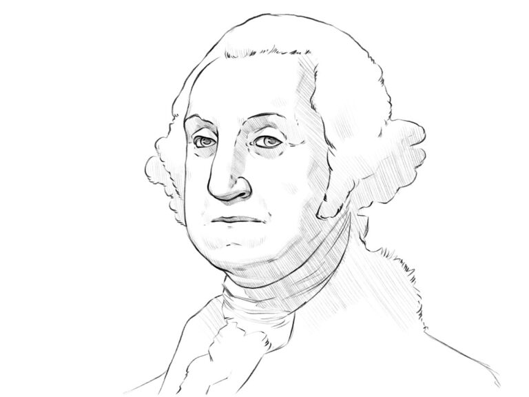 Portrait drawing of George Washington with realistic facial features and shading.