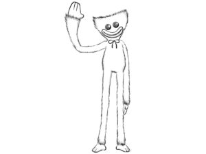 Finished Huggy Wuggy drawing with long limbs, furry contours, and one arm raised.