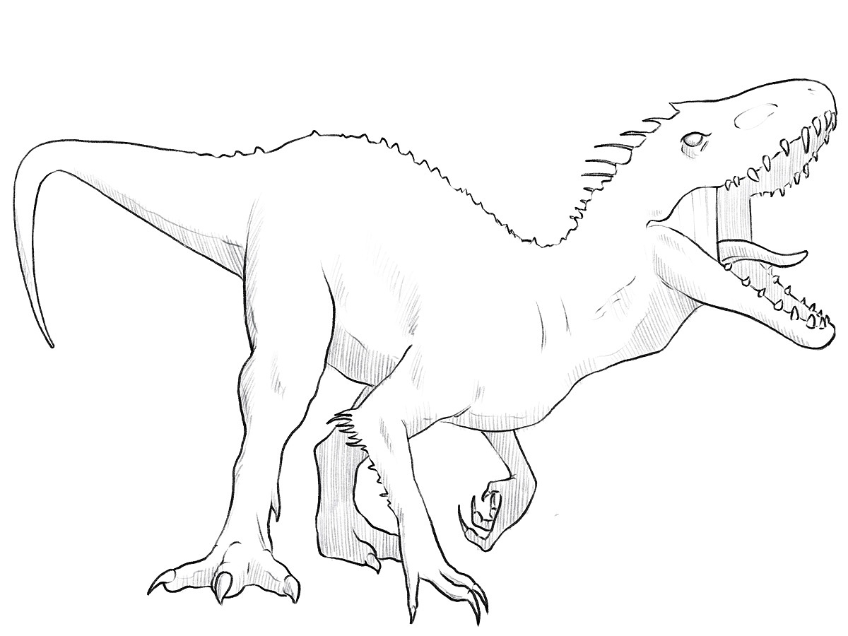 Realistic Indominus Rex drawing with sharp teeth, long claws, and back spikes.