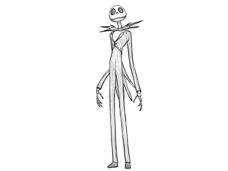 Detailed drawing of Jack Skellington with long limbs and a striped suit.