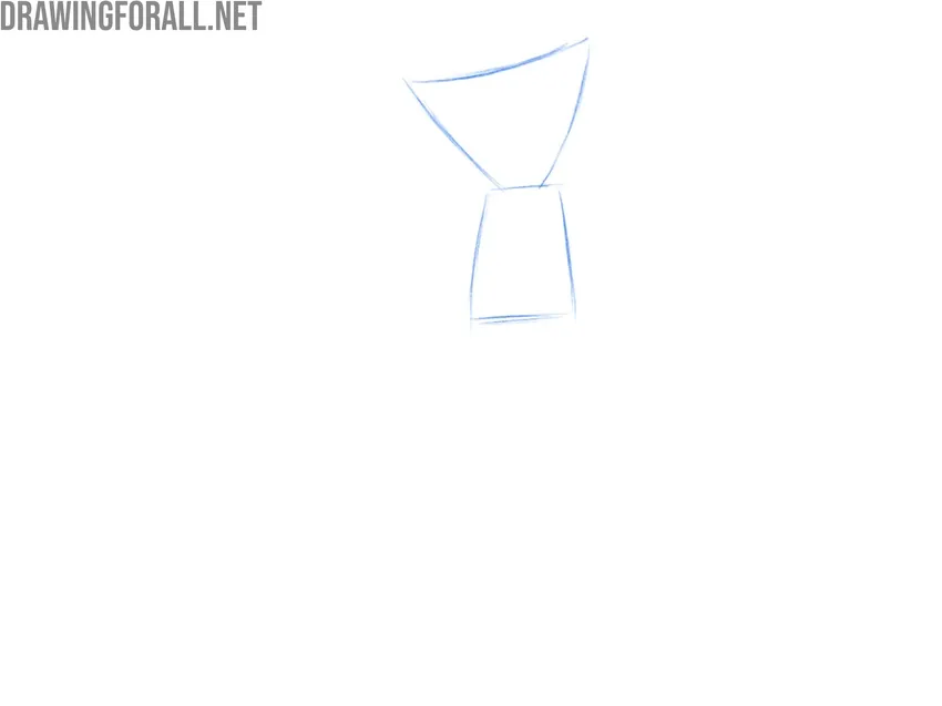 Sketching Huggy Wuggy’s triangular head and trapezoidal torso with light outlines.