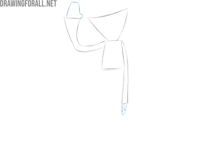 Sketching Huggy Wuggy’s mitten-like hands with simplified fingers and thumbs.