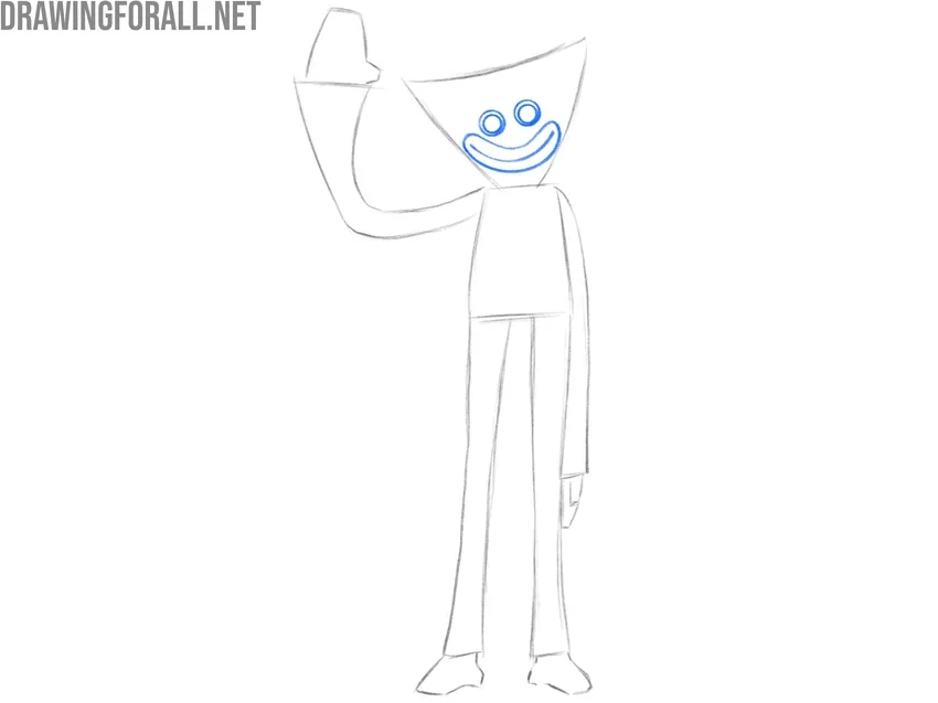 Drawing Huggy Wuggy’s circular eyes, pupils, and elongated curved lips.