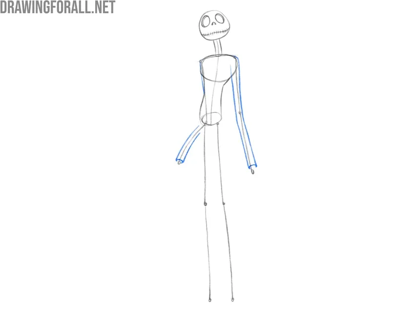 Drawing the long sleeves and thin arms of Jack Skellington.
