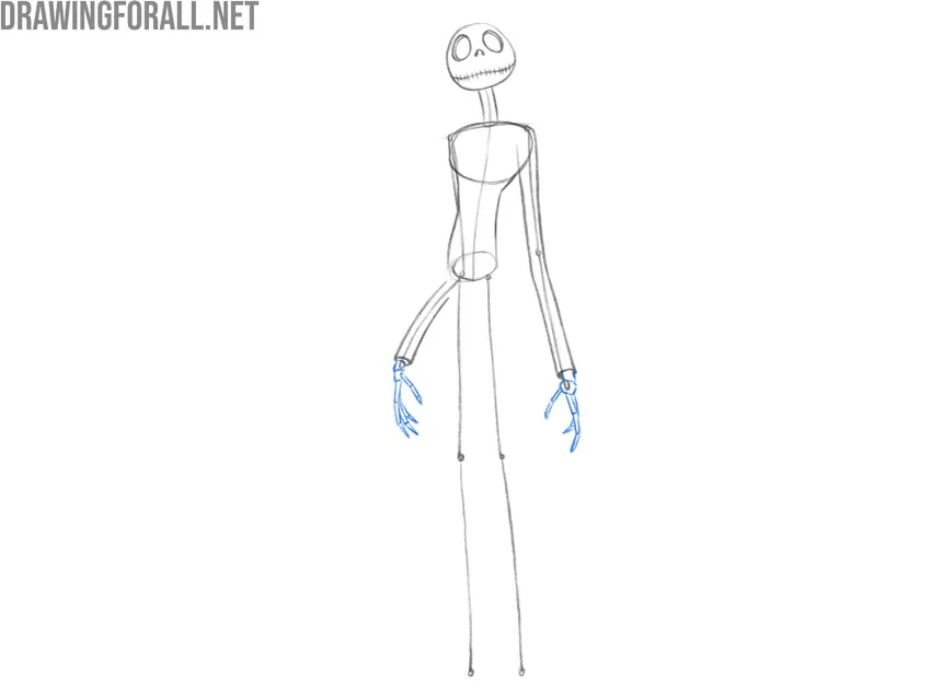Sketching the Pumpkin King’s distinctive hands with long fingers.