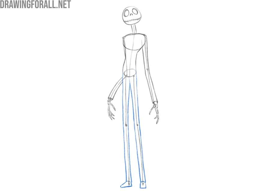 Drawing the long legs and simple shoes of the Pumpkin King.