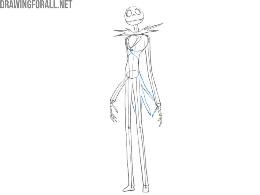Drawing the jacket of Jack Skellington with torn edges and a button.