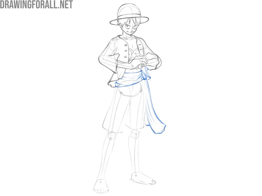 Draw folds on the sash of Luffy