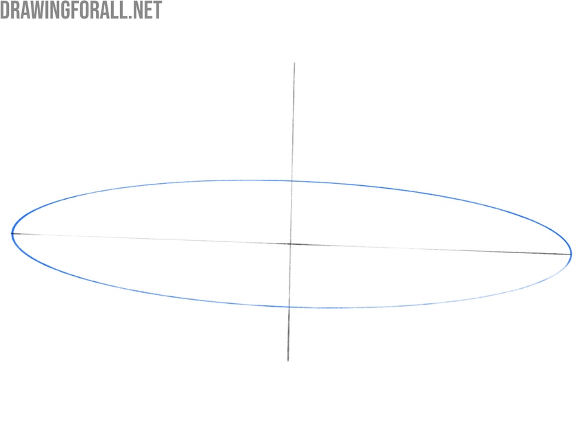 Elongated elliptical UFO body aligned with the central construction lines.