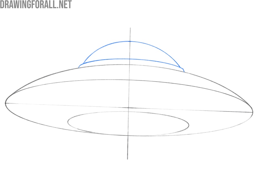 Cockpit rim and curved canopy drawn symmetrically above the UFO hull.