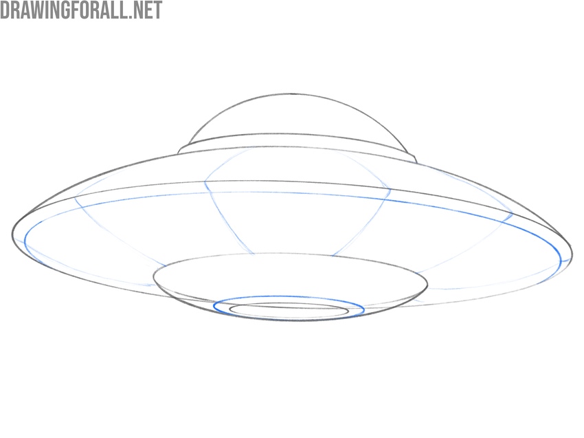 Elliptical lower rim and radiating panel lines added across the UFO hull.