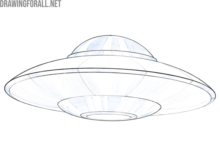 Highlights and hatched shadows adding volume to the UFO surfaces.